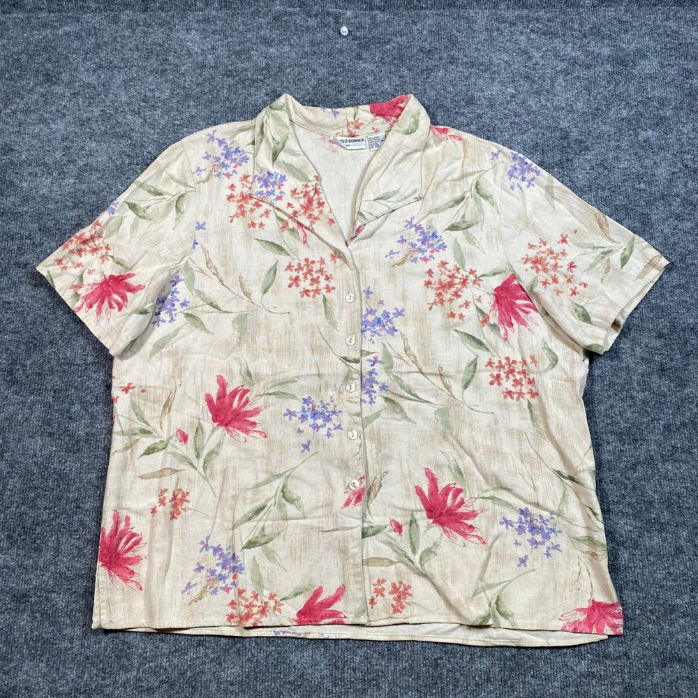 Alfred Dunner Womens 20 Linen Blend Floral Short Sleeve Button Down Blouse Beige